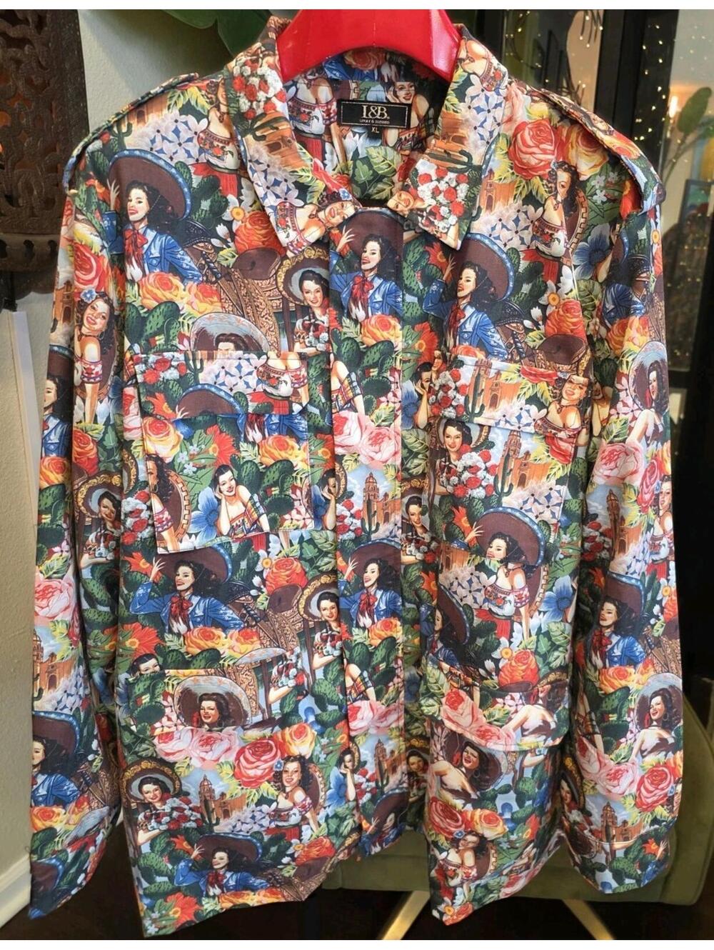 Rare Lucky & Blessed Mexican Taditional Lady Cactus Hawaiian SZ XL Zip Jacket
